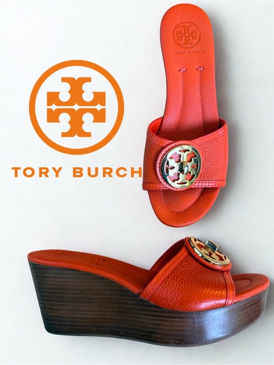 Tory Burch Shoes - Tory Burch Selma Orange Leather Gold Logo Wedge Slide Sandals Size 6.5M